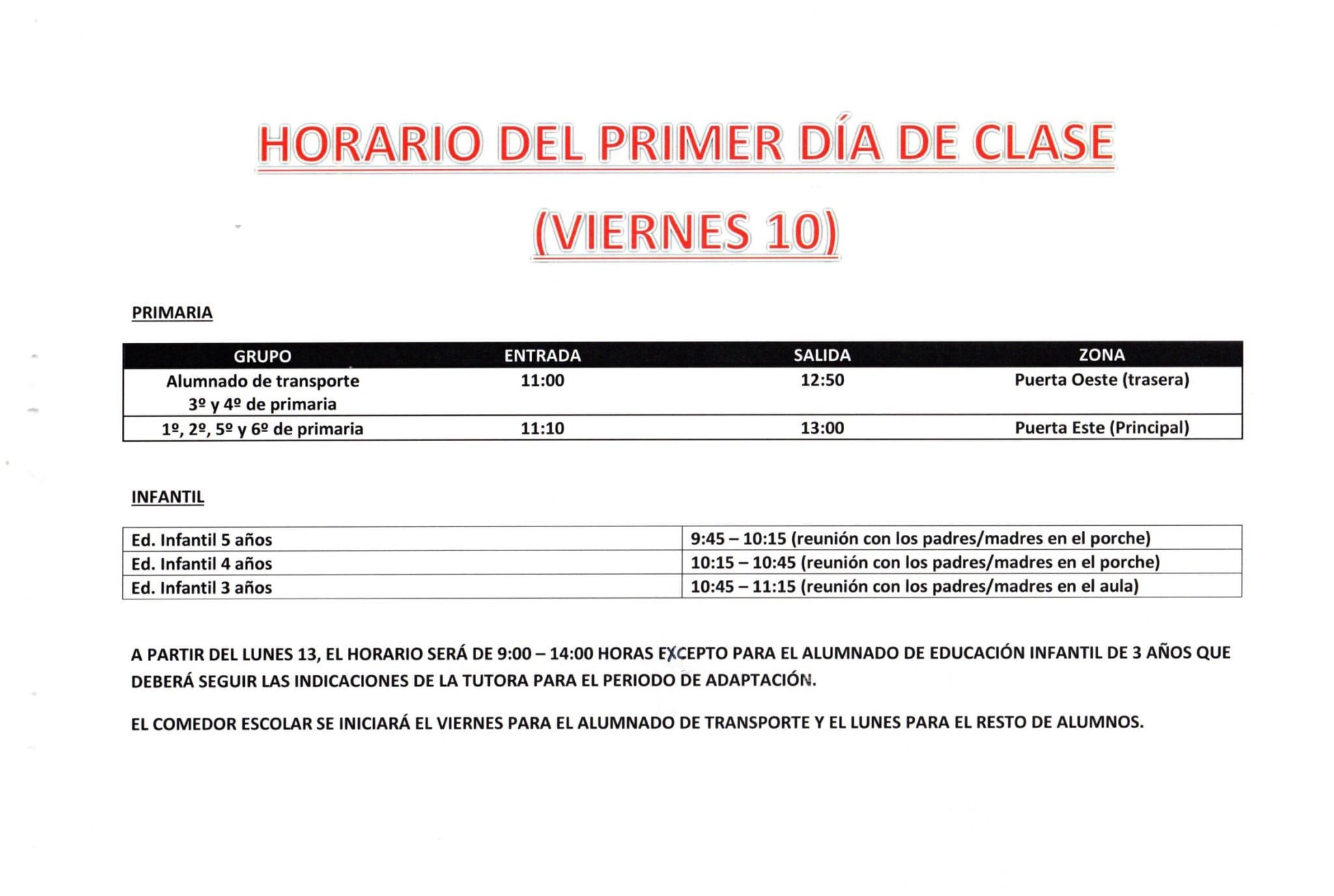 Horario comienzo curso